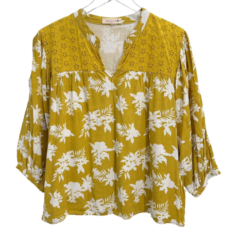 Solitaire Floral Eyelet Lace Blouse Top Size L Mustard Yellow 3/4 Sleeve Boho